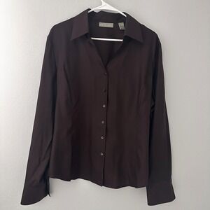 Kate Hill Women-18 Blouse 100% Silk Button Down Shirt Long Sleeve Brown